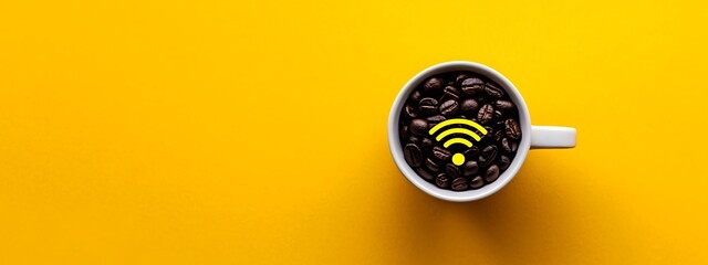 A white cup filled with coffee beans with a yellow wifi symbol on top against a yellow background.