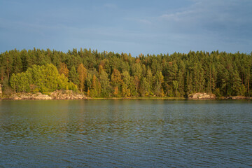Lake Ladoga near the village Lumivaara on a sunny autumn day, Ladoga skerries, Lakhdenpokhya, Republic of Karelia, Russia