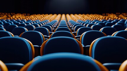 Naklejka premium A stunning view of empty blue cinema seats arranged in neat rows, creating a sense of anticipation for an upcoming show.