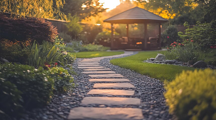 Obraz premium Stone path leading to a gazebo in a backyard garden with green grass and flowers.