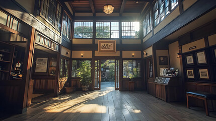 Fototapeta premium Sunlight streams through windows in a traditional Japanese building.