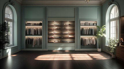 Fototapeta premium Sunlit Walk-in Closet with Clothes Hanging on Racks and Shelves.