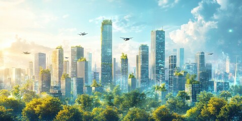 Obraz premium Futuristic Cityscape with Greenery and Flying Vehicles