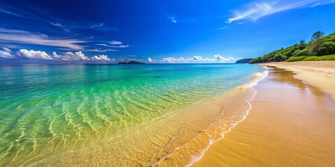 Obraz premium A serene beach with clear blue skies, golden sand, and crystal clear water