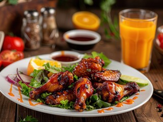 A white plate with fried chicken wings, salad, and sauce on the side, accompanied by a glass of orange juice.