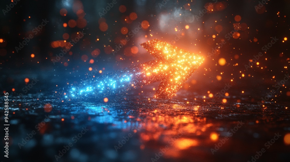 Poster abstract arrow with glowing blue and orange speed motion on dark background