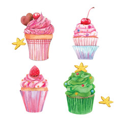 Cupcakes vector set isolated on white background. Hand drawn with watercolor.