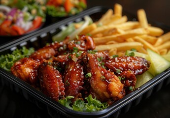 Fototapeta premium A black plastic tray with chicken wings, fries, and salad, accompanied by a small bowl of ketchup, food photography.