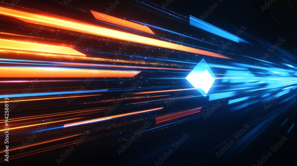 Poster abstract arrow with glowing blue and orange speed motion on dark background
