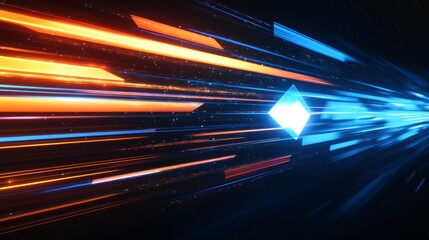 Abstract arrow with glowing blue and orange speed motion on dark background