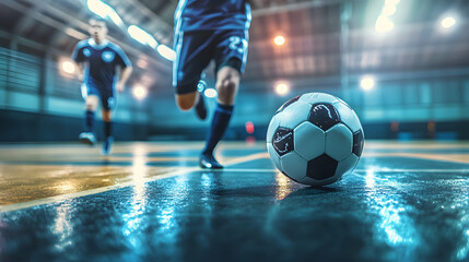 Football futsal player, ball, futsal floor. Sports background. Indoor soccer sports hall. Youth futsal league. Indoor football players and soccer ball. Generative ai.