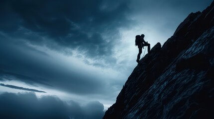 Silhouette of a Determined Climber Scaling a Steep Mountain Under a Dramatic Cloudy Sky