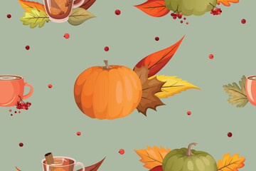 Seamless pattern with autumn leaves, pumpkins, hot drinks and rowan berries. Colorful backdrop with Oak, maple, chestnut, linden, aspen and rowan leaves. Fall harvest. Vector illustration