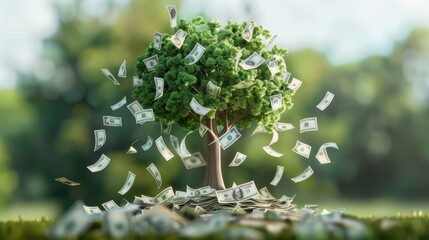 Fototapeta premium Money Tree with Dollar Bills Falling from Branches in a Lush Green Environment
