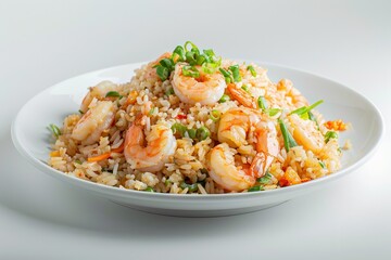 Fried rice with shrimp on a white plate, side view, highly detailed and sharp, isolated plain background.