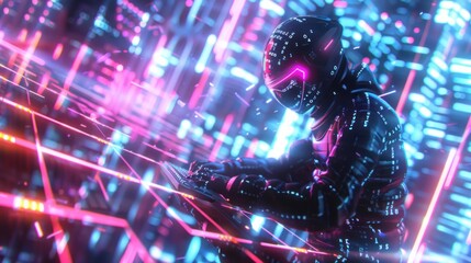 Fototapeta premium Futuristic Cyborg Hacker in Neon City.