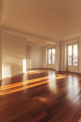 Fototapeta premium Spacious empty living room with hardwood floor in modern apartment