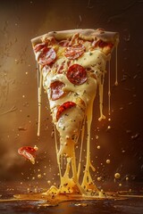 A pizza slice suspended in mid-air, dripping with cheese sauce and topped with salami slices.