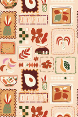 Tropical leaf hibiscus flowers Hawaiian tribal element patchwork wallpaper abstract grunge vector seamless pattern for fabric shirt pillow tablecloth towel wrapping