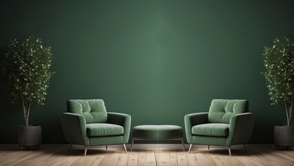 Two Green Armchairs and a Stool in a Room with Green Walls