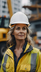 A confident woman wearing a yellow hard hat and safety vest, standing in an industrial setting. She has short, wavy hair and a determined expression, embodying strength and professionalism.