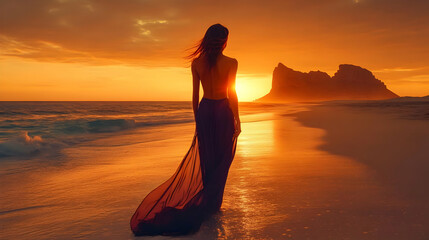 Woman in a flowing dress walking on a beach at sunset.