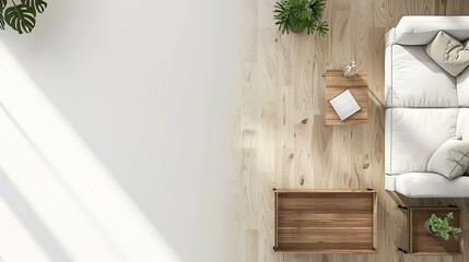Empty Space on Drawer and Sofa: Top View of a Living Room Interior
