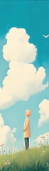 A serene landscape featuring a child gazing at fluffy clouds and a clear blue sky, embodying wonder and imagination.