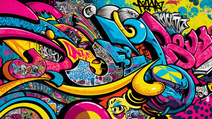 Naklejka premium Vibrant graffiti street art illustration with bold geometric shapes, radiant colors, and dynamic textures, blending spray paint, stencils, and whimsical characters on a contrasting background