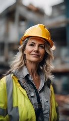 A confident woman wearing a yellow hard hat and safety vest, standing in an industrial setting. She has short, wavy hair and a determined expression, embodying strength and professionalism.