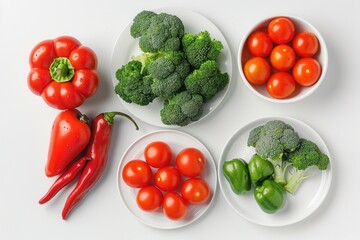 Flat lay of vegetables and eggs on white plates, broccoli centered, tomatoes and red bell pepper, white background.
