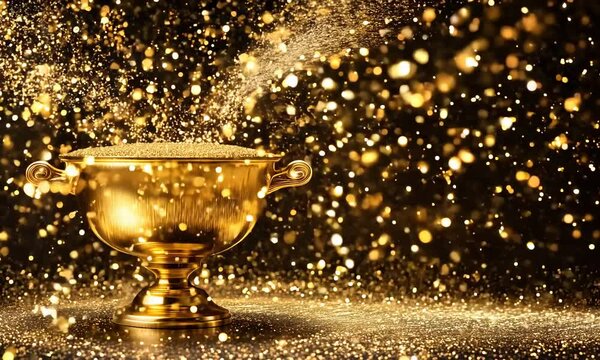 Golden trophy cup overflowing with sparkling light and glitter