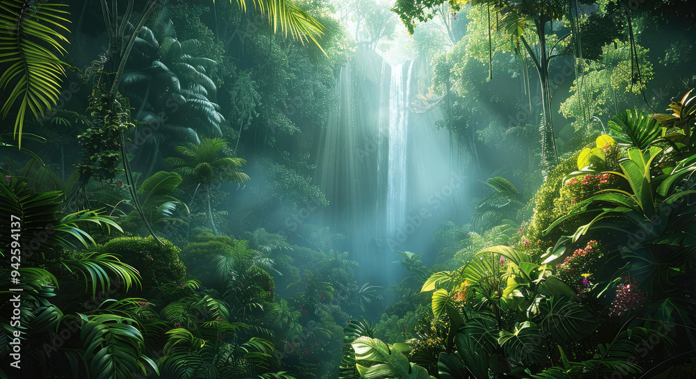 Poster a lush rainforest with towering trees and thick, verdant undergrowth. and distant waterfalls. vines 