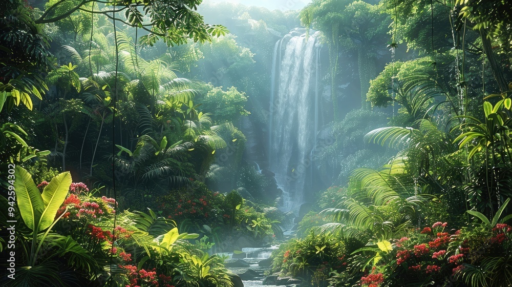 Poster a lush rainforest with towering trees and thick, verdant undergrowth. and distant waterfalls. vines 