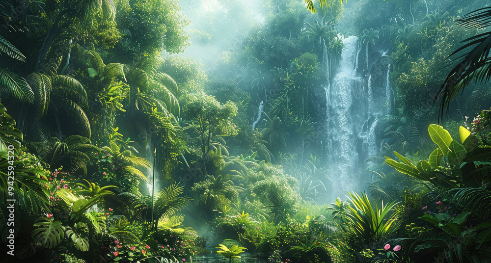 Poster a lush rainforest with towering trees and thick, verdant undergrowth. and distant waterfalls. vines 