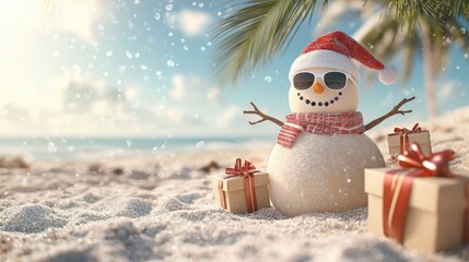 Snowman wearing sunglasses and a Santa hat with gift boxes on a sandy tropical beach under palm trees symbolizing a playful and warm holiday celebration by the sea