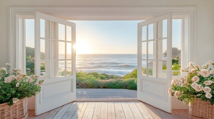 Fototapeta premium Serene Coastal Sunset View from a Peaceful Residential Home Overlooking the Ocean