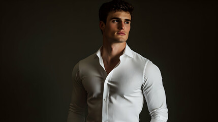 Obraz premium A high-fashion portrait of a young man in a perfectly tailored white shirt, shot in a stylish, minimalist studio setting