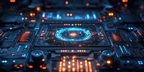 Fototapeta premium Futuristic Technology Interface with Glowing Blue and Orange Lights
