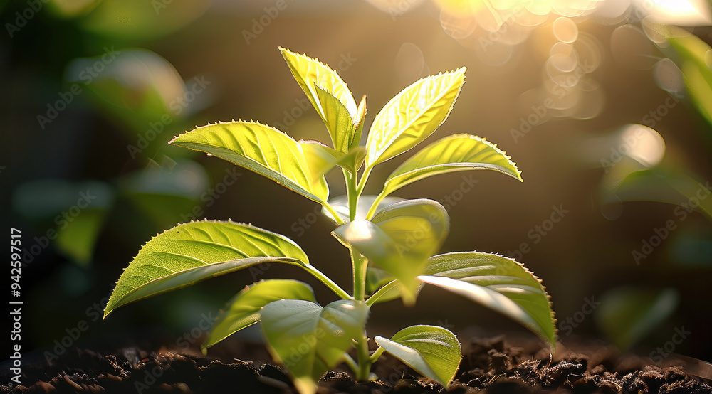 Poster a green plant with a light shining on it. generative ai.