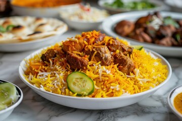 Culinary photography of biryani with chicken and lamb in yellow rice, side dishes, close-up, high resolution.