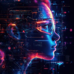 Obraz premium Digital Portrait of a Woman with Neon Lights and Circuitry