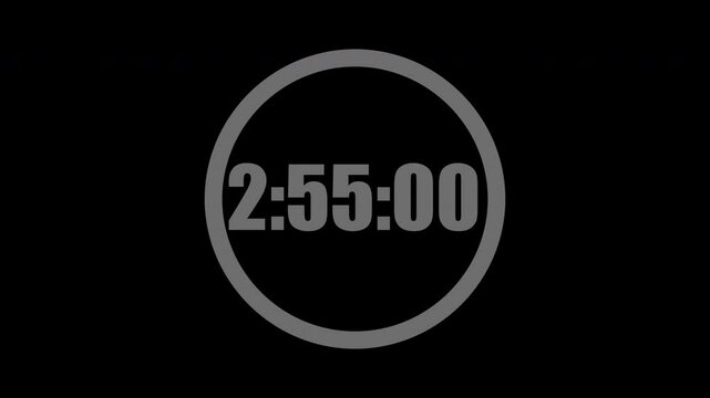 3 Minute countdown timer in a circle. Gray numbers on black background. 3 minute countdown. Digital countdown. 4K motion count down timer.