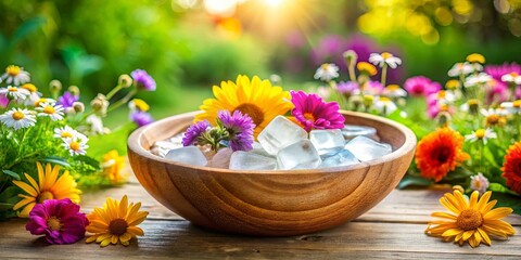 Wooden bowl filled with ice cubes, surrounded by colorful flowers in a serene garden setting