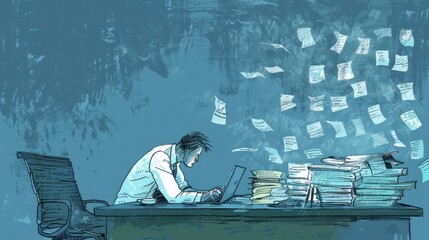 Man Working at a Desk with Papers Flying Around Him.