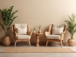 Two Wicker Armchairs With Pillows In A Modern Minimalist Living Room