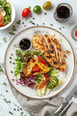 Realistic top-view photo of grilled chicken, salad, and vegetables on a white plate with a tablecloth, fork, knife, and black pepper sauce.