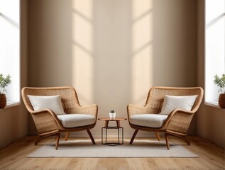 Two Wicker Armchairs Facing Each Other in a Room with a Beige Wall