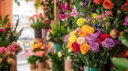 Colorful Neighborhood Flower Shop with Florist Arranging Beautiful Bouquet