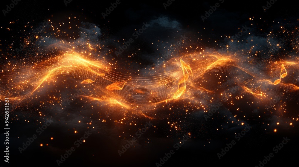 Poster Musical notes floating with light and sound waves on a black background